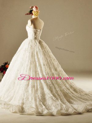 Sleeveless Beading and Lace Lace Up Wedding Gown with White Brush Train