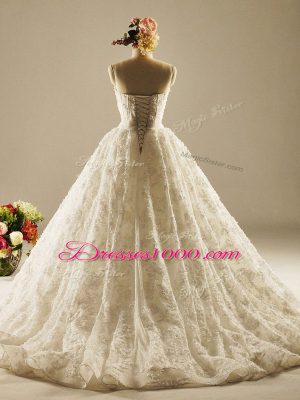 Sleeveless Beading and Lace Lace Up Wedding Gown with White Brush Train