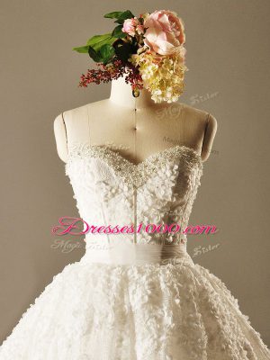 Sleeveless Beading and Lace Lace Up Wedding Gown with White Brush Train