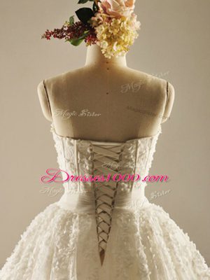 Sleeveless Beading and Lace Lace Up Wedding Gown with White Brush Train