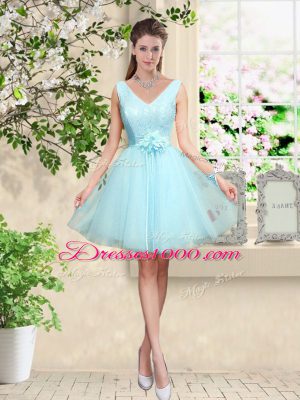 Aqua Blue Lace Up Bridesmaid Dresses Lace and Belt Sleeveless Knee Length
