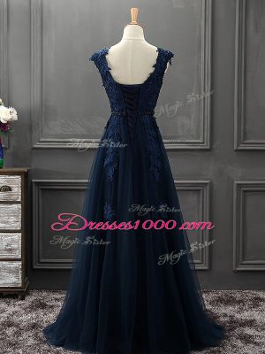 Dynamic Mini Length Navy Blue Mother of the Bride Dress Tulle Sleeveless Beading and Lace and Appliques