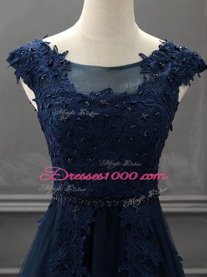 Dynamic Mini Length Navy Blue Mother of the Bride Dress Tulle Sleeveless Beading and Lace and Appliques