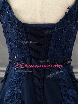 Dynamic Mini Length Navy Blue Mother of the Bride Dress Tulle Sleeveless Beading and Lace and Appliques