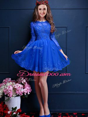 Cheap Scalloped 3 4 Length Sleeve Wedding Party Dress Mini Length Beading and Lace and Appliques Royal Blue Chiffon
