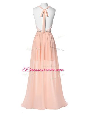 Colorful Peach Formal Evening Gowns Prom and Military Ball and Beach with Beading Halter Top Sleeveless Backless