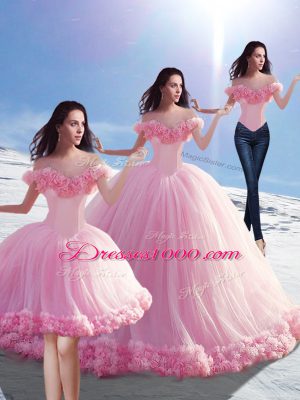 Customized Sleeveless Hand Made Flower Lace Up Sweet 16 Dress with Baby Pink Brush Train