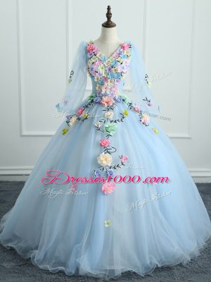 Designer Ball Gowns Quinceanera Dress Light Blue V-neck Tulle Long Sleeves Floor Length Lace Up