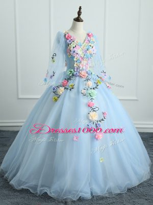 Designer Ball Gowns Quinceanera Dress Light Blue V-neck Tulle Long Sleeves Floor Length Lace Up