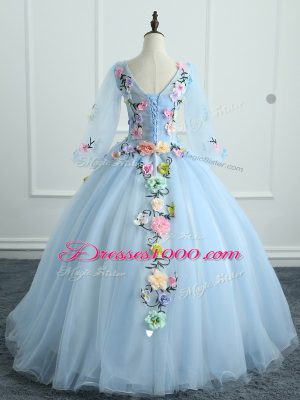 Designer Ball Gowns Quinceanera Dress Light Blue V-neck Tulle Long Sleeves Floor Length Lace Up