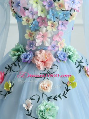 Designer Ball Gowns Quinceanera Dress Light Blue V-neck Tulle Long Sleeves Floor Length Lace Up