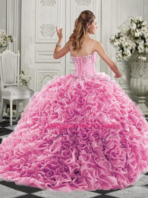 Admirable Sweetheart Sleeveless Quinceanera Dress Court Train Beading and Ruffles Yellow Organza