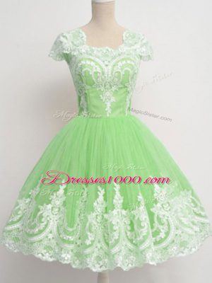 Custom Fit Square Cap Sleeves Zipper Quinceanera Court of Honor Dress Tulle