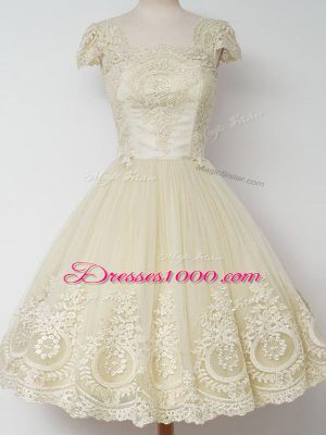 Exceptional Cap Sleeves Knee Length Lace Zipper Wedding Party Dress with Light Yellow