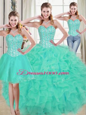 Beading and Ruffled Layers 15 Quinceanera Dress Turquoise Lace Up Sleeveless Brush Train