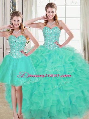 Beading and Ruffled Layers 15 Quinceanera Dress Turquoise Lace Up Sleeveless Brush Train