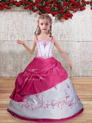 Straps Sleeveless Lace Up Child Pageant Dress Hot Pink Taffeta