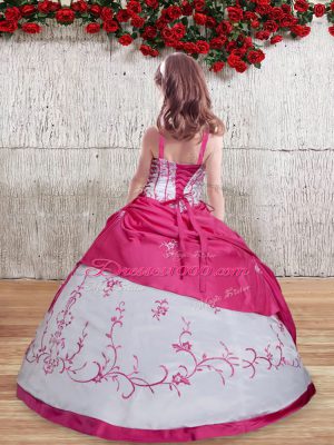 Straps Sleeveless Lace Up Child Pageant Dress Hot Pink Taffeta