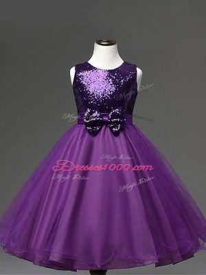 Purple Sleeveless Tea Length Sequins and Bowknot Zipper Little Girls Pageant Dress Wholesale