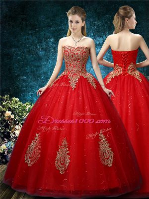 Colorful Red Ball Gowns Off The Shoulder Sleeveless Tulle Floor Length Lace Up Appliques Wedding Dress
