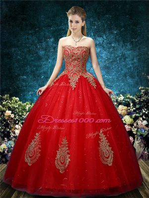 Colorful Red Ball Gowns Off The Shoulder Sleeveless Tulle Floor Length Lace Up Appliques Wedding Dress