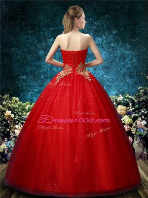 Colorful Red Ball Gowns Off The Shoulder Sleeveless Tulle Floor Length Lace Up Appliques Wedding Dress