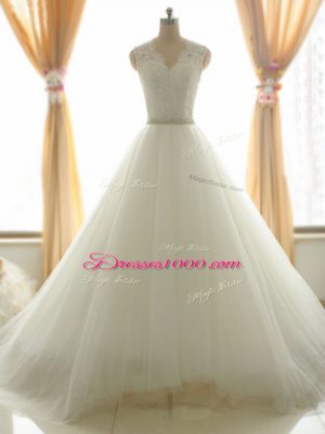 Tulle V-neck Sleeveless Brush Train Zipper Beading and Appliques Wedding Gowns in White