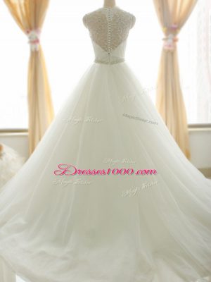 Tulle V-neck Sleeveless Brush Train Zipper Beading and Appliques Wedding Gowns in White
