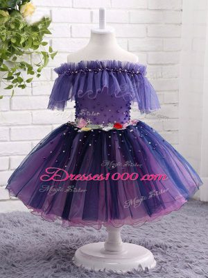 Super Ball Gowns Party Dress for Toddlers Purple Off The Shoulder Tulle Short Sleeves Knee Length Lace Up