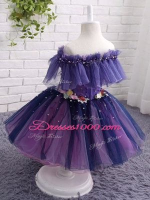 Super Ball Gowns Party Dress for Toddlers Purple Off The Shoulder Tulle Short Sleeves Knee Length Lace Up