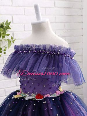 Super Ball Gowns Party Dress for Toddlers Purple Off The Shoulder Tulle Short Sleeves Knee Length Lace Up