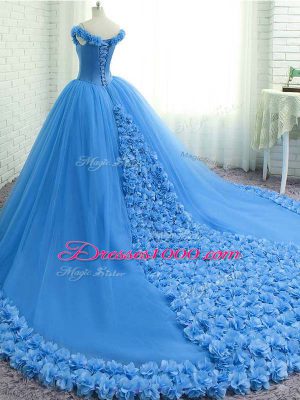 Modest Aqua Blue Lace Up Quinceanera Dress Hand Made Flower Sleeveless Court Train