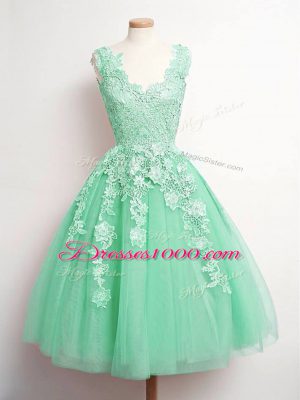 Simple Apple Green Sleeveless Knee Length Lace Lace Up Bridesmaid Gown