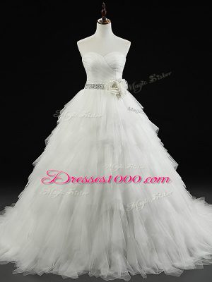 Custom Design Lace Up Wedding Gowns White for Wedding Party with Beading and Ruffles and Hand Made Flower Brush Train