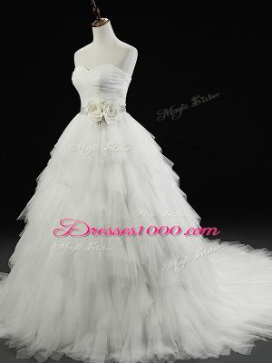 Custom Design Lace Up Wedding Gowns White for Wedding Party with Beading and Ruffles and Hand Made Flower Brush Train