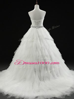 Custom Design Lace Up Wedding Gowns White for Wedding Party with Beading and Ruffles and Hand Made Flower Brush Train