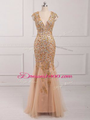 Spectacular V-neck Cap Sleeves Backless Prom Dress Champagne Tulle