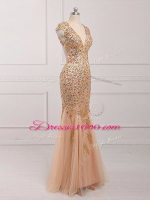 Spectacular V-neck Cap Sleeves Backless Prom Dress Champagne Tulle