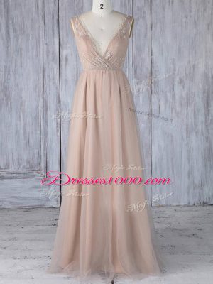 Peach Sleeveless Lace Floor Length Bridesmaids Dress