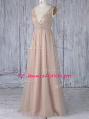 Peach Sleeveless Lace Floor Length Bridesmaids Dress