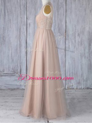 Peach Sleeveless Lace Floor Length Bridesmaids Dress