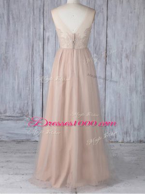 Peach Sleeveless Lace Floor Length Bridesmaids Dress