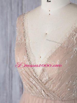 Peach Sleeveless Lace Floor Length Bridesmaids Dress