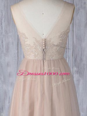 Peach Sleeveless Lace Floor Length Bridesmaids Dress