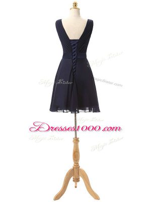 Clearance V-neck Sleeveless Bridesmaid Dress Mini Length Hand Made Flower Navy Blue Chiffon