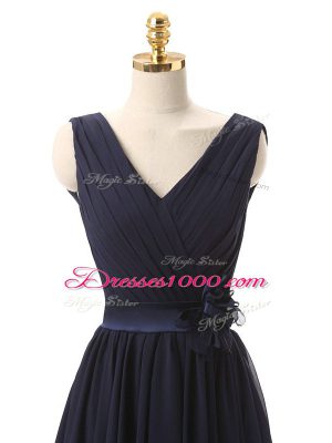 Clearance V-neck Sleeveless Bridesmaid Dress Mini Length Hand Made Flower Navy Blue Chiffon