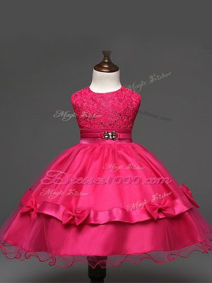 Sweet Hot Pink Tulle Zipper Girls Pageant Dresses Sleeveless Knee Length Lace and Bowknot