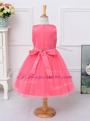 Sweet Hot Pink Tulle Zipper Girls Pageant Dresses Sleeveless Knee Length Lace and Bowknot