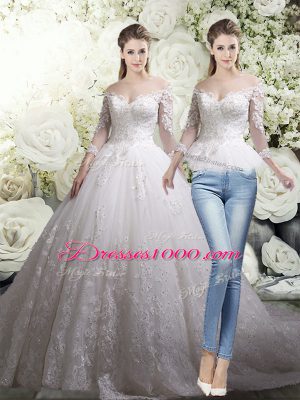 White Bridal Gown Tulle Chapel Train 3 4 Length Sleeve Lace