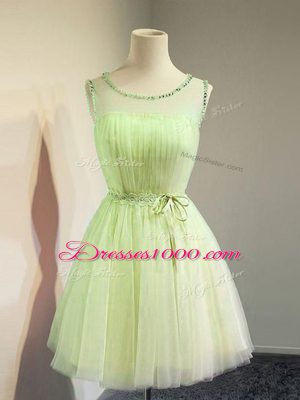 Gorgeous Knee Length Yellow Green Bridesmaid Gown Scoop Sleeveless Lace Up